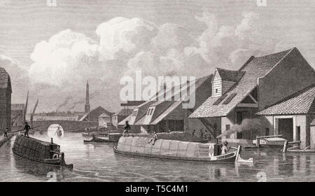 Die Stadt Basin, Regent's Canal, London, Illustration von Th. H. in der Hirte, 1828 Stockfoto