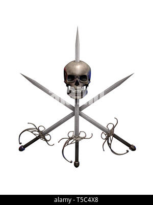 Pirate swept hilt swords Kreuz mit einem menschlichen Schädel auf Weiß, Abenteuer und Gefahr, isoliert auf hoher See, 3D-Rendering Stockfoto