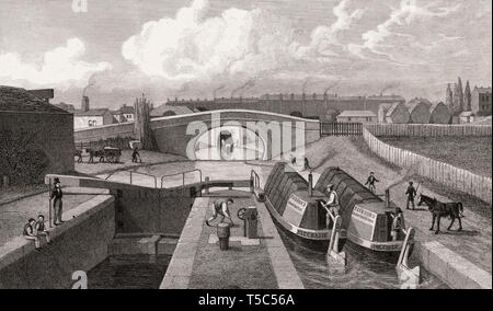 Die Doppel- und Eingang Ost der Islington Tunnel, der Regent's Canal, London, Illustration von Th. H. in der Hirte, 1828 Stockfoto