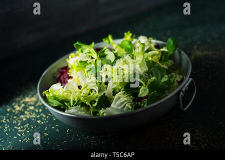 Nahaufnahme von einem Mix aus verschiedenen Salatblättern, wie romaine Kopfsalat, Endivien oder Rucola, in einer rustikalen Metall Teller, auf einem dunklen grünen Tisch Stockfoto