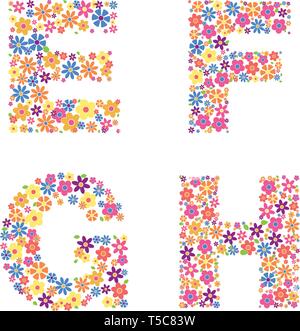 Alphabet teil, Buchstaben E, F, G, H mit einer Vielzahl von bunten Blumen auf weißem Hintergrund Vektor-illustration isoliert gefüllt Stock Vektor