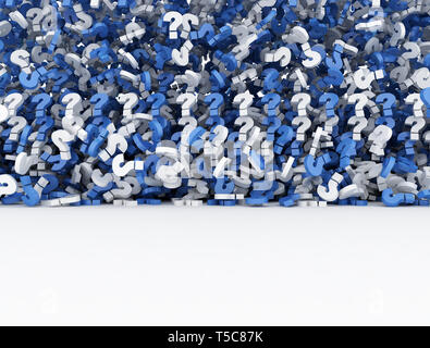 Blaue und weiße Fragezeichen Wand. 3D-Rendering Stockfoto