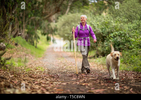 Reife Frau auf einem ländlichen Wanderung mit ihrem Hund. Stockfoto