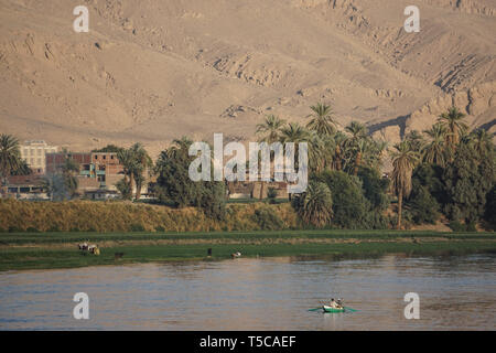 Nil, Ägypten: Zwei Männer in einem Ruderboot, Landwirte mit ihrem Vieh, Datum, Palmen, Häuser und Sanddünen entlang der West Bank auf den Nil. Stockfoto