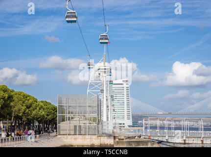 Vasco da Gama Turm und Telecabine Lissabon Luftseilbahn in Park der Nationen in Lissabon, Portugal Stockfoto