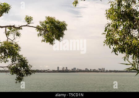 Darwin Australien - Februar 22, 2019: Darwin Skyline von Osten über Fannie Bay Sea Wasser unter Leicht bewölkter Himmel gesehen mit grünen Blätter auf der Stockfoto