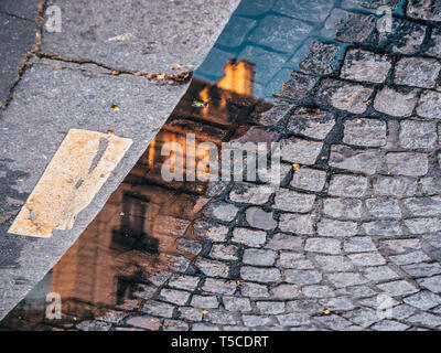 Abstrakte filmische Reflexion des luxuriösen Pariser Apartments Gebäude im Haussmann-Stil Stil im Wasser Pudel auf der gepflasterten Straße Bürgersteig Stockfoto