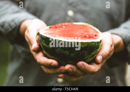 Sommer Obst.. Bauern Hände mit frische Wassermelone Stockfoto