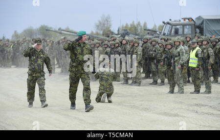 Libava, Tschechische Republik. 23 Apr, 2019. In 2019-2021, die 71St mechanisierten Bataillons ist Teil der Sehr hohe Bereitschaft, Joint Task Force (VJFT), die in der Lage ist, schnelle Bereitstellung zu potenziellen Bedrohungen der alliierten Länder zu reagieren. Tschechisch, Spanisch, polnischen und britischen Bataillone sind Teil der VJFT Brigade auf dem Polnischen 21 Brigade. Die VJTF land Brigade hat rund 5000 Soldaten aus der Luft unterstützt, Marine- und Special Forces. Die tschechische Lizzard 2019 militärische Übung, die auf die Bekämpfung der mechanisierten Einheiten in einer sehr intensiven Konflikt konzentriert und kontrolliert die Bereitschaft Ihrer Bereitstellung i Stockfoto