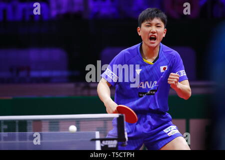 Tomokazu Harimoto (JPN), 23. April 2019 - Tischtennis: 2019 Welt Tischtennis der Meisterschaften Männer singles 128 Runde an hungexpo Budapest Fair Center, Budapest, Ungarn. (Foto von Sho Tamura/LBA SPORT) Stockfoto