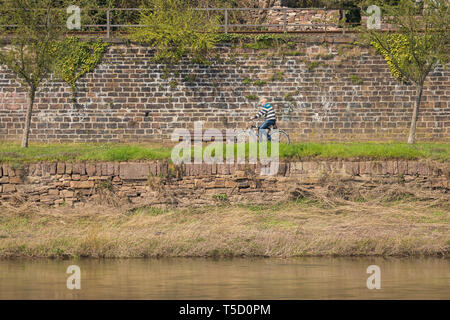 06 April 2019, Nordrhein-Westfalen, Höxter: ein Radfahrer fährt auf dem Weserradweg. Foto: Moritz Frankenberg/dpa Stockfoto