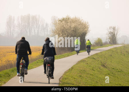 06 April 2019, Nordrhein-Westfalen, Höxter: Radfahrer auf dem Weserradweg. Foto: Moritz Frankenberg/dpa Stockfoto