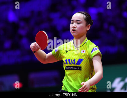 Budapest. 24 Apr, 2019. Ito Mima von Japan reagiert während singles Runde der Frauen von 32 Match zwischen Sun Yingsha von China und Ito Mima Japans in 2019 ITTF World Tischtennis-WM in Budapest, Ungarn am 24. April 2019. Credit: Lu Yang/Xinhua/Alamy leben Nachrichten Stockfoto