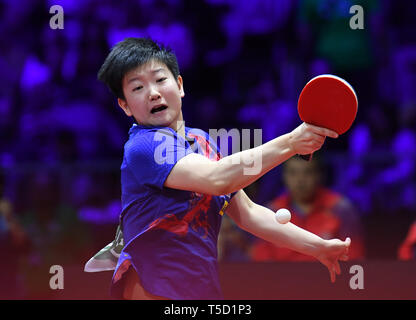 Budapest. 24 Apr, 2019. Sun Yingsha von China konkurriert während singles Runde der Frauen von 32 Match zwischen Sun Yingsha von China und Ito Mima Japans in 2019 ITTF World Tischtennis-WM in Budapest, Ungarn am 24. April 2019. Credit: Lu Yang/Xinhua/Alamy leben Nachrichten Stockfoto