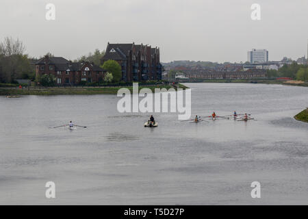 Belfast, Nordirland, Großbritannien. 24. April 2019. UK Wetter: Diesig aber milde Tag in Belfast mit bedecktem Himmel. Die ruderer am Fluss Lagan. Credit: CAZIMB/Alamy Leben Nachrichten. Stockfoto