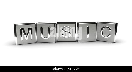 Musik Text auf Metall Block (isoliert auf weißem Hintergrund) Stockfoto