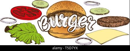 Big Burger, hamburger Hand gezeichnet Vektor-illustration realistische Skizze Stock Vektor