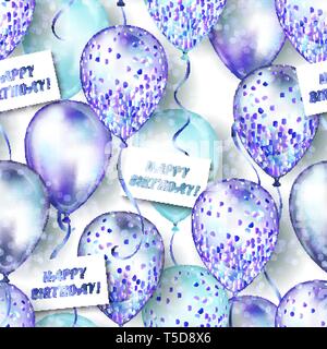 Nahtlose Muster aus glänzenden realistische 3D-Helium Luftballons für Ihre Konstruktion. Glänzend Ballone mit Glitzer und Farbband, Perfekte Deko für Geburtstag Stock Vektor