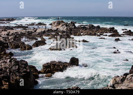 Die kalte, nährstoffreiche Wasser des Pazifischen Ozeans waschen in der wunderschönen, felsigen kalifornischen Küste südlich von Monterey Bay. Stockfoto
