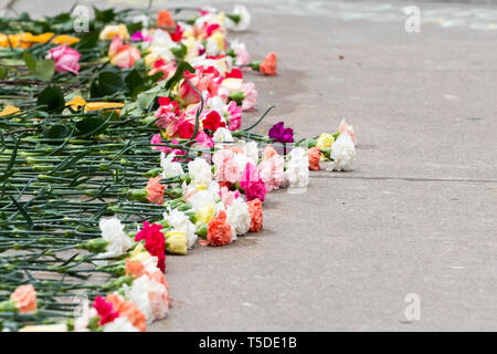 Toronto, Kanada. April 23, 2019. Eine Reihe von Gartennelke-blumen im Eingang der Mel Lastman Square am ersten Jahrestag der 2018 Yonge Street Van Angriff gelegt. Dominic Chan/EXimages Stockfoto