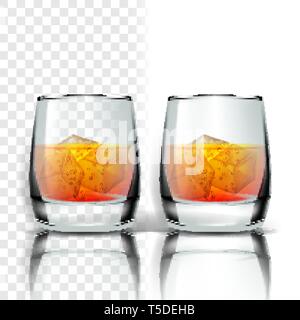 Realistisches Glas mit Whisky und Eiswürfel Vektor Stock Vektor