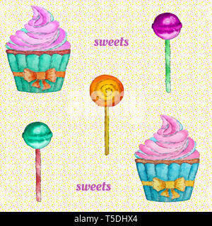 Süßigkeiten nahtlose Muster mit Cupcake, Lutscher und Chupa Chups. Bunte Aquarelle Muster Stockfoto