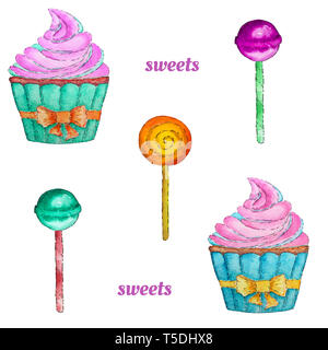 Süßigkeiten nahtlose Muster mit Cupcake, Lutscher und Chupa Chups. Bunte Aquarelle Muster Stockfoto