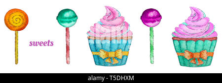 Bonbons mit Cupcake, Lutscher und Chupa Chups eingestellt. Bunte Aquarelle Elemente. Stockfoto