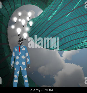 Mann im Schlafanzug. Glühbirnen stellt Gedanken und Ideen Stockfoto