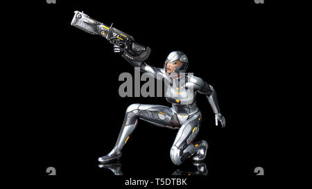 Futuristische android Soldat Frau in bulletproof Rüstung, Militär Cyborg Girl bewaffnet mit sci-fi Gewehr Pistole ducken und Schießen auf schwarzen Hintergrund, 3D Stockfoto