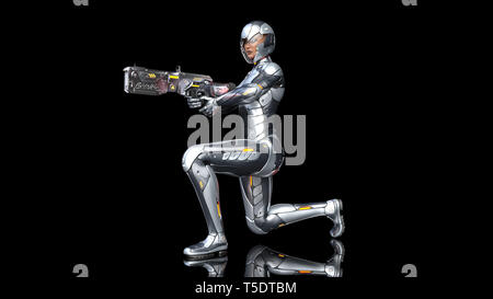 Futuristische android Soldat Frau in bulletproof Rüstung, Militär Cyborg Girl bewaffnet mit sci-fi Gewehr Pistole kniend und Schießen auf schwarzen Hintergrund, 3D Stockfoto