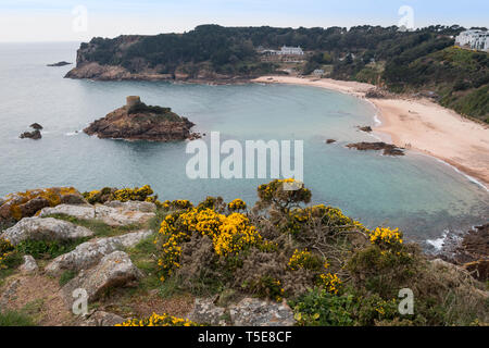 Janvin's Grab und die Bucht bei Portelet, Jersey, Channel Islands Stockfoto