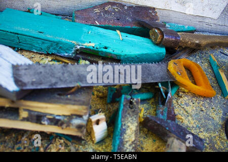 Die Schreiner Tools eingestellt. Echte Arbeit Hintergrund. Stockfoto