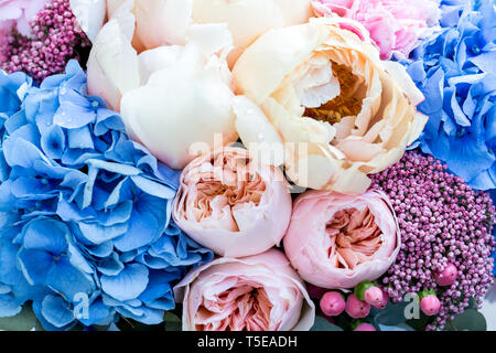 Blume Hintergrund mit erstaunlichen Rosa und cremig Päonien. Blumenstrauß aus sanften Pfingstrose Blüten. Stockfoto
