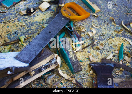 Die Schreiner Tools eingestellt. Echte Arbeit Hintergrund. Stockfoto