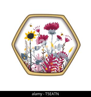 Hexagon-form Label mit niedlichen Honig Wiese Blumen und Bienen. Cartoon Vector Illustration. Grünland Honig Konzept Stock Vektor