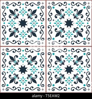 Azulejos nahtlose Vektor Muster, Portugiesisch Lissabon fliesen Design mit Fleur de Lis, Blumen und geometrische Formen Stock Vektor