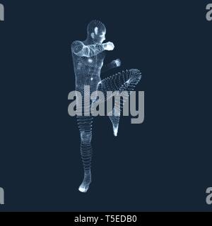 Kickbox Fighter vorbereiten, führen Sie einen High Kick. Fitness, Sport, Training und Martial Arts Konzept. 3D-Modell des Menschen. Menschlichen Körper. Design Element. Vect Stock Vektor