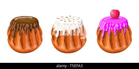 Süße Kuchen mit verschiedenen Toppings, creme Schokolade und Kirschen. Brot essen. Bäckerei, Konditorei. Vector Illustration im flachen Stil Stock Vektor