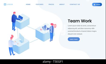 Kollegen Team arbeiten Isometrische landing page. Softwareentwicklung, Programmierung, Programmierung, 3D-Vektor Web Banner Vorlage. Freiberufler, Mitarbeiter mit Laptops, Surfen im Internet, Vernetzung Abbildung mit Text Raum Stock Vektor