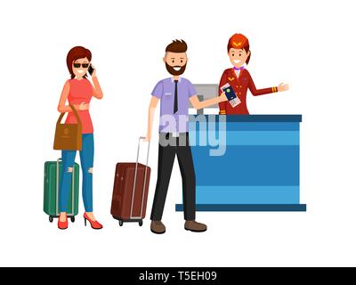 Im Ausland Geschäftsreise flachbild Vector Illustration. Der Mann und die Frau mit den Koffern an der Rezeption Ausflüge, airport Departure Lounge. Zeichentrickfiguren reisen, urlaub Urlaub isoliert Clipart Stock Vektor