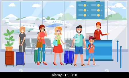 Passagiere im Terminal des Flughafens Warteschlange Abbildung. Comicfiguren mit Gepäck in der Abflughalle warten. Passkontrolle, Dokumente, Fahrkarten, Bordkarte Kontrolle flachbild Vektor-zeichnung Stock Vektor