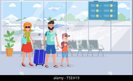 Familie im Flughafen Terminal flachbild Abbildung. Comicfiguren mit Gepäck in der Abflughalle, Wartezimmer vektor Zeichnung. Mutter, Vater und Sohn gehen auf Urlaub, Reisen ins Ausland Stock Vektor