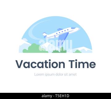 Ferienhäuser Zeit Web Banner flache Vorlage. Reisebüro Fluggesellschaften cartoon Werbung Plakat mit Text. Mountain Resort Urlaub, Erholung, Winter Reisen, Reise cartoon Vector Illustration Stock Vektor