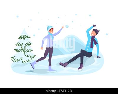 Winter spiele Flachbild Vector Illustration. Mann und Frau spielen Schneebälle, Freizeit Outdoor Aktivitäten isoliert Clipart. Paar Comic-figuren Festlegung im Schnee, Spaß design Element Stock Vektor