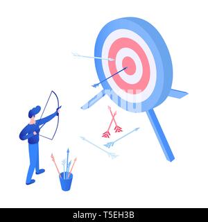 Bogenschießen sport isometrische Vector Illustration. Ziel Werbung, Marketing Kampagne, sport Wettbewerb, das Ziel das Konzept zu erreichen. Archer, Bowman, Marketingspezialist mit Bogen und Pfeile isolierte flache Charakter Stock Vektor