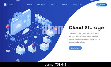 Cloud Storage landing page Vektor Vorlage. Cyberspace, Server, Datenbank isometrische Abbildungen mit Site Navigation, Menü. Software Entwicklung, Web Hosting Plattform website Layout Stock Vektor