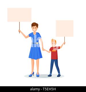 Mutter mit Kindern protestieren Vector Illustration. Mutter und Sohn Holding leere Plakate auf, die Demonstration isolierte Charakter. Kinder, junge Demonstranten flache Design Element Stock Vektor