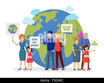 Umweltaktivisten mit Poster flache Abbildung. Schutz der Natur, Erde, Planeten, eco Erhaltung, grüne Technologie treffen. Protestaktion gegen Umweltverschmutzung, ökologische Problem Konzept Stock Vektor
