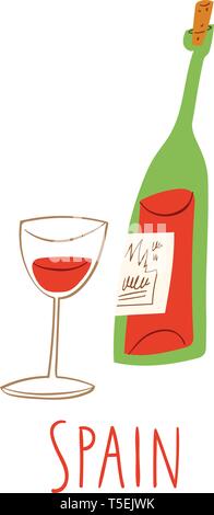 Vektor Symbole von Spanien. Flasche Rotwein mit einem Glas. Stock Vektor